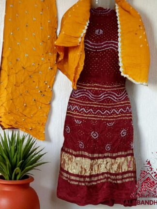 Marron Golden Bandhani Chandrakhani Dress Material Pure Gaji Silk