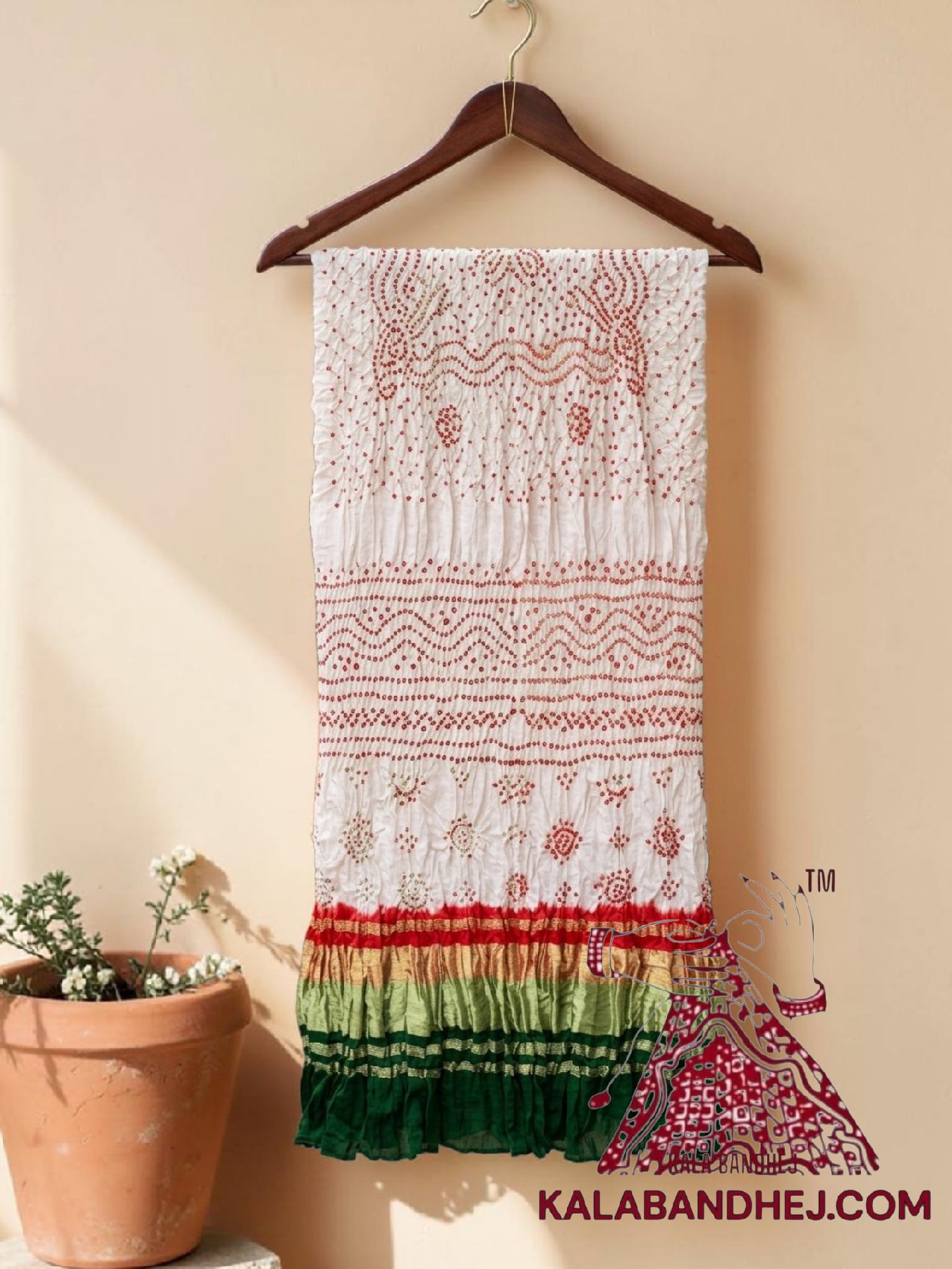 White Red Green Bandhani Chandrakhani Dupatta Red Bandhej in Pure Gaji Silk