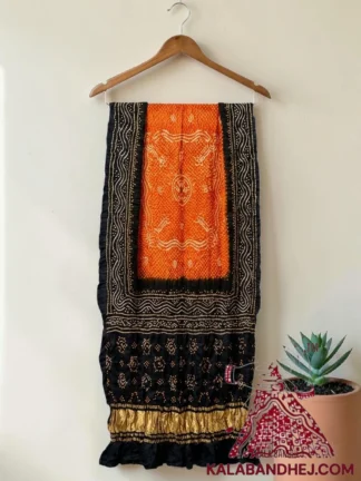 Black Orange Bandhani Chandrakhani Dupatta Pure Gaji Silk