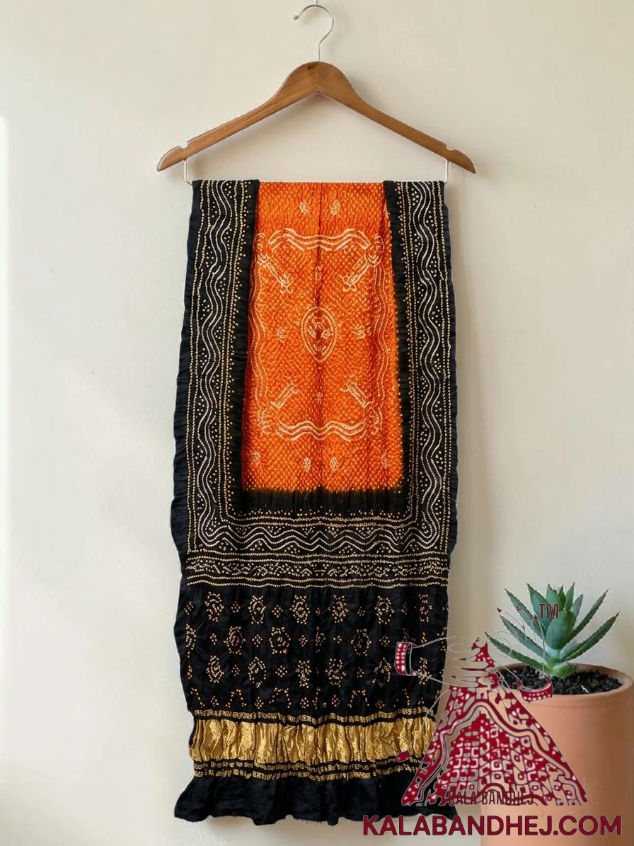 Black Orange Bandhani Chandrakhani Dupatta Pure Gaji Silk
