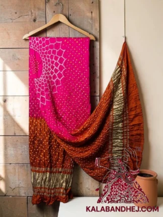 Pink Orange Makdi Motif Bandhani Dupatta Pure Gaji Silk