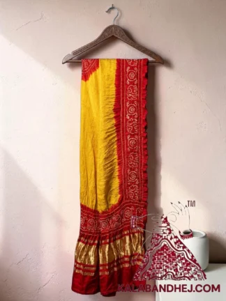 Golden Red Panetar Bandhani Dupatta with Hathi Border Pure Gaji Silk