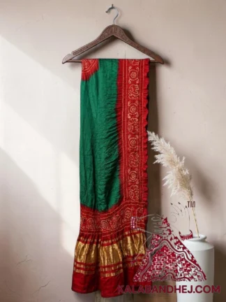 Green Ruby Red Panetar Bandhani Dupatta with Hathi Border Pure Gaji Silk
