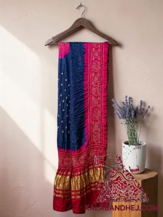Navy Blue Rani Pink Panetar Bandhani Dupatta with Hathi Border Pure Gaji Silk