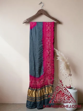 Slate Grey Rani Pink Panetar Bandhani Dupatta with Hathi Border Pure Gaji Silk
