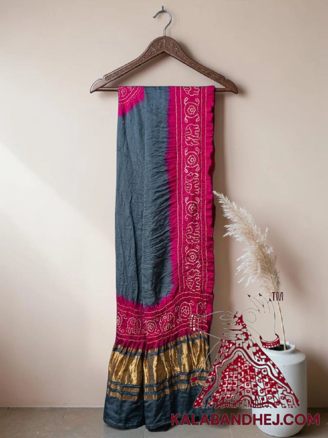 Slate Grey Rani Pink Panetar Bandhani Dupatta with Hathi Border Pure Gaji Silk