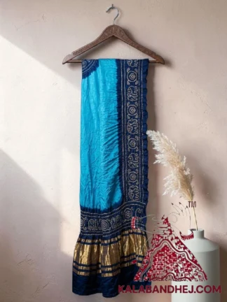 Sky Blue Navy Blue Panetar Bandhani Dupatta with Hathi Border Pure Gaji Silk