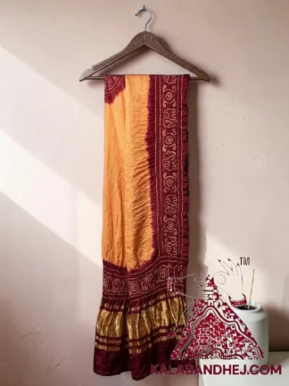 Peach Maroon Panetar Bandhani Dupatta with Hathi Border Pure Gaji Silk