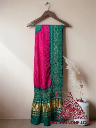 Pink Rama Green Panetar Bandhani Dupatta with Hathi Border Pure Gaji Silk