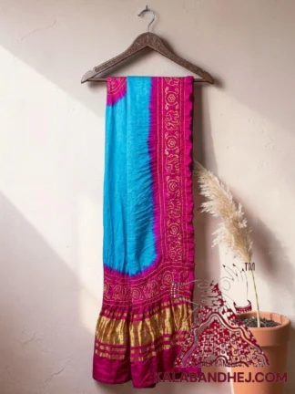 Sky Blue Rani Pink Panetar Bandhani Dupatta with Hathi Border Pure Gaji Silk