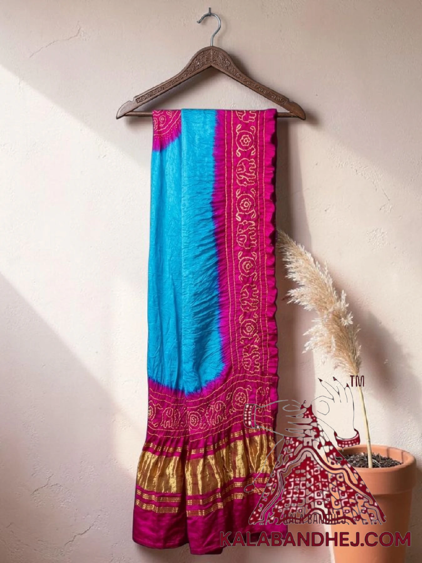 Sky Blue Rani Pink Panetar Bandhani Dupatta with Hathi Border Pure Gaji Silk