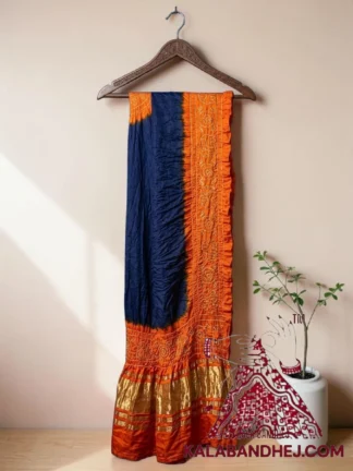 Navy Blue Orange Panetar Bandhani Dupatta with Hathi Border Pure Gaji Silk
