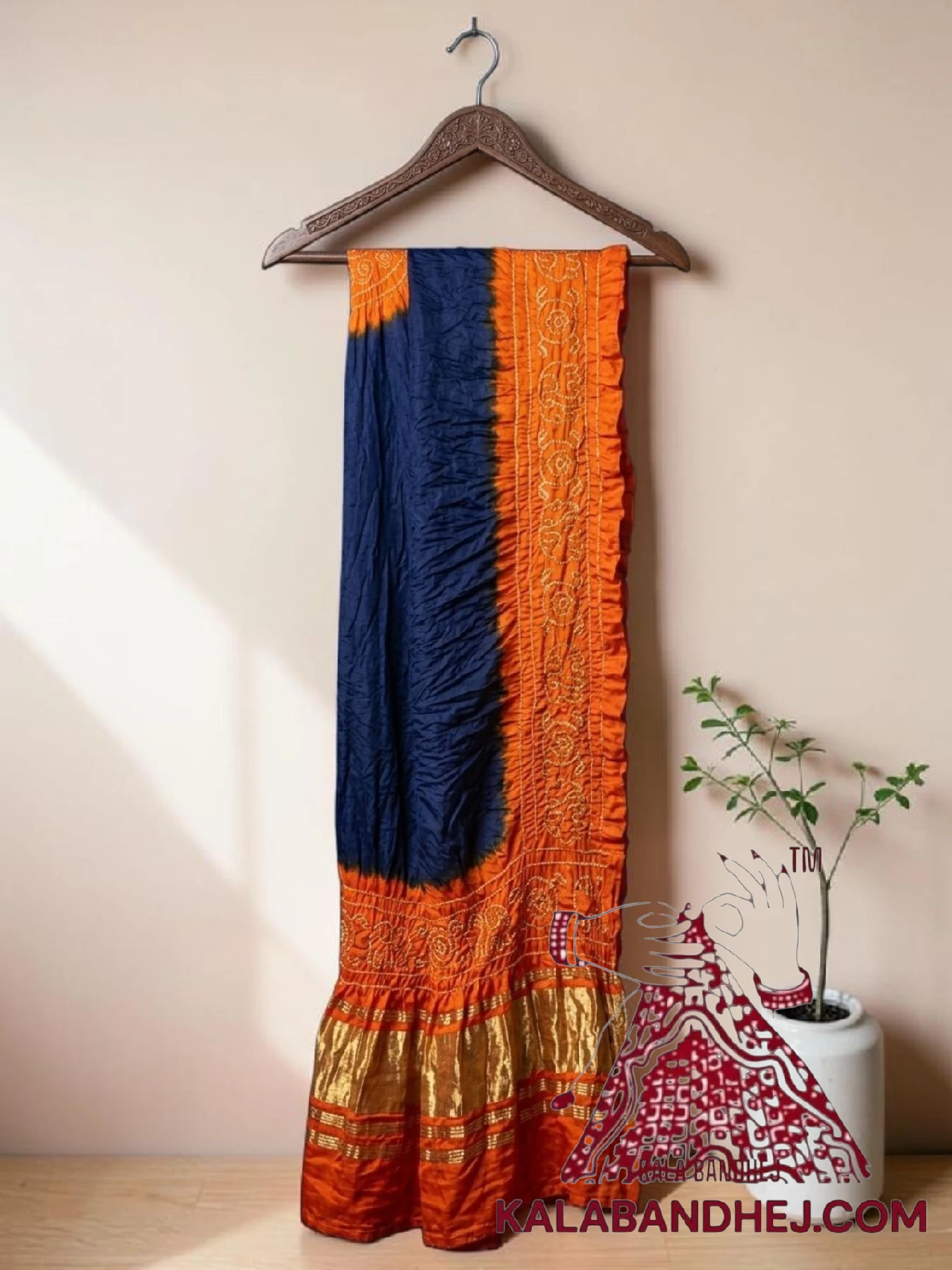 Navy Blue Orange Panetar Bandhani Dupatta with Hathi Border Pure Gaji Silk