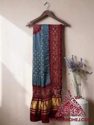 Slate Grey Maroon Panetar Bandhani Dupatta with Hathi Border Pure Gaji Silk