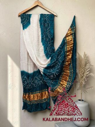 Peacock Blue White Panetar Bandhani Dupatta Pure Modal Silk