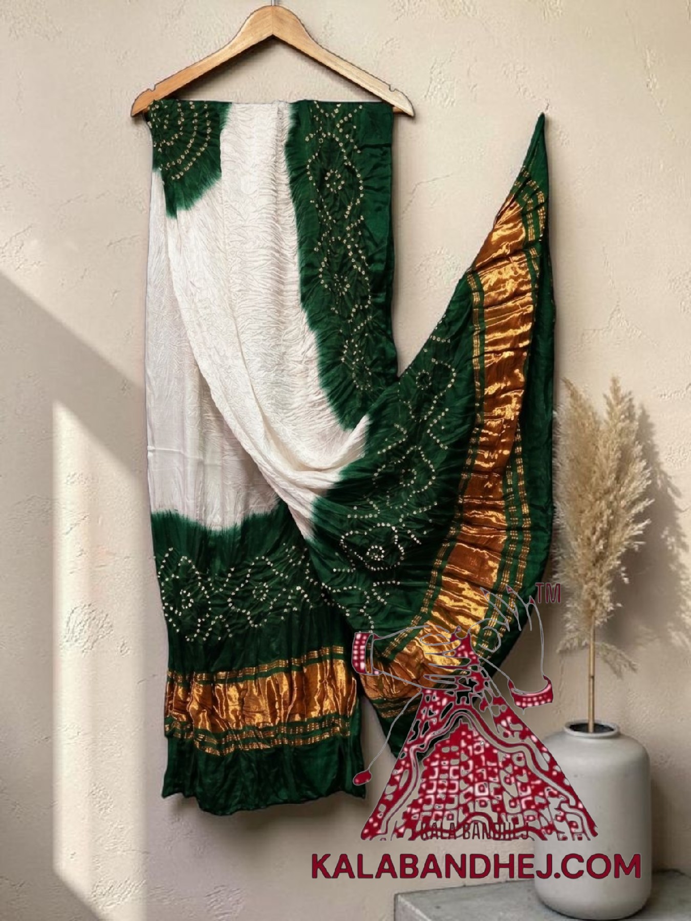 Green White Panetar Bandhani Dupatta Pure Modal Silk