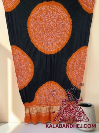 Orange Black Raas Mandal Chakra Panetar Bandhani Dupatta in Pure Gaji Silk
