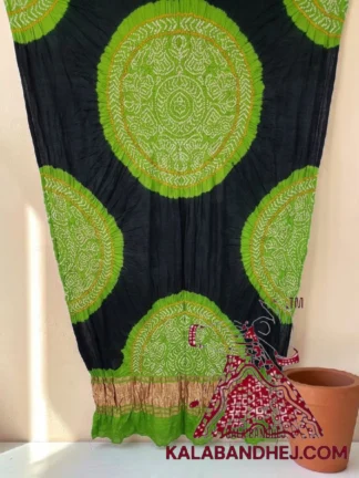 Parrot Black Raas Mandal Chakra Panetar Bandhani Dupatta in Pure Gaji Silk