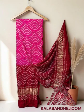 Pink Red Wifi Bandhani Design Dupatta in Pure Gaji Silk