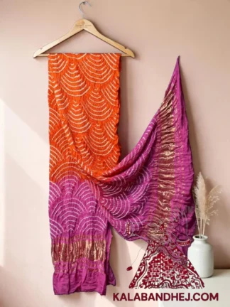 Orange Pink Wifi Bandhani Design Dupatta in Pure Gaji Silk