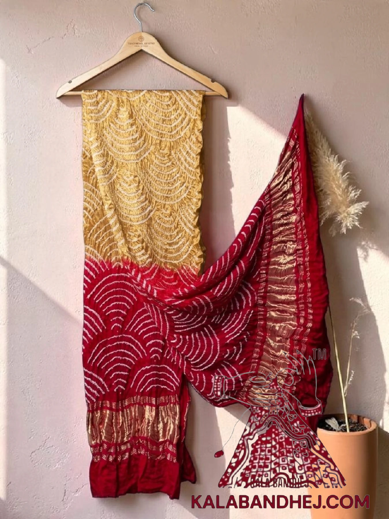 Golden Red Wifi Bandhani Design Dupatta in Pure Gaji Silk