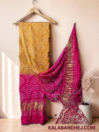 Golden Pink Wifi Bandhani Design Dupatta in Pure Gaji Silk