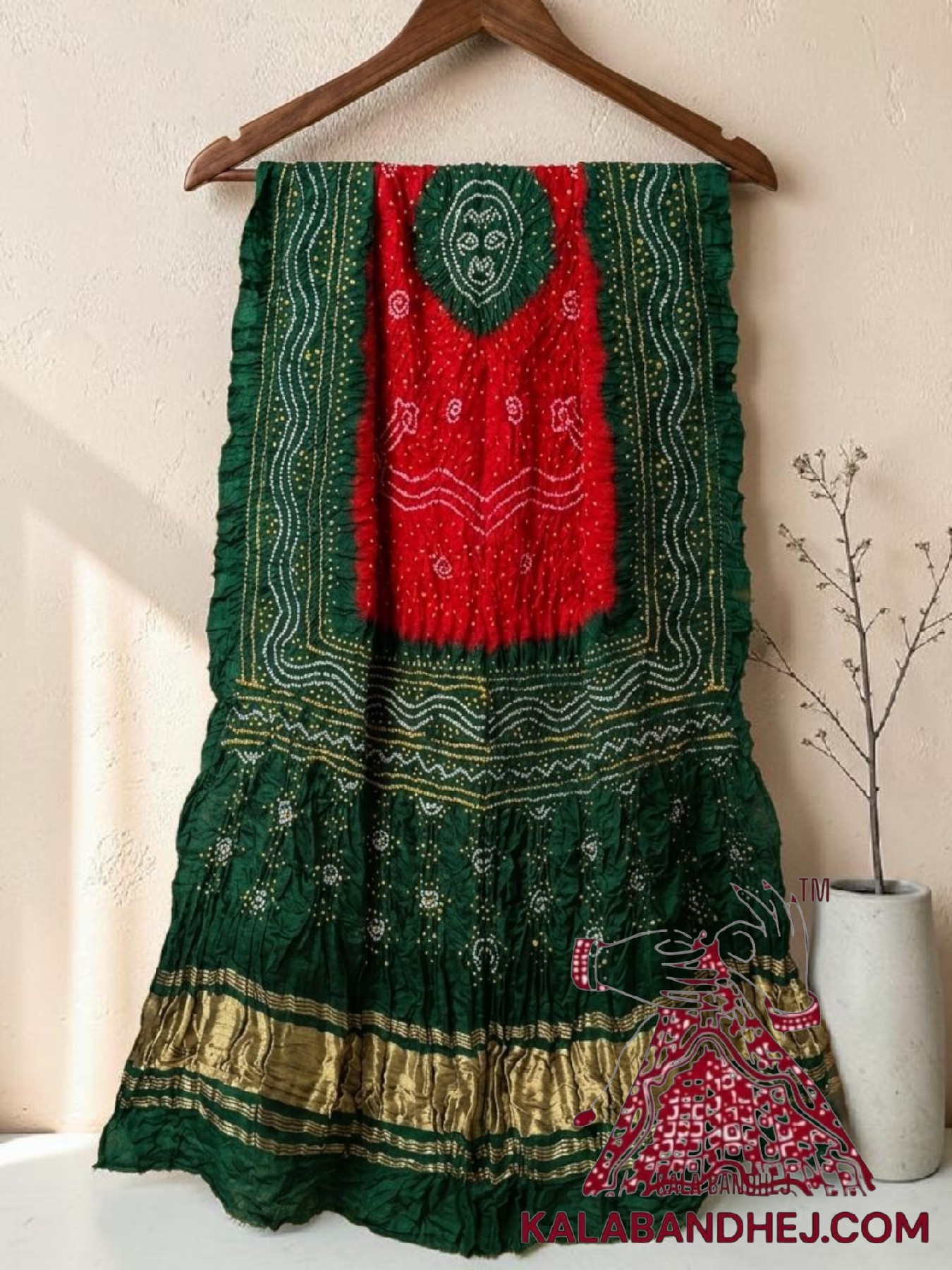 Green Red Bandhani Chandrakhani Dupatta Pure Gaji Silk