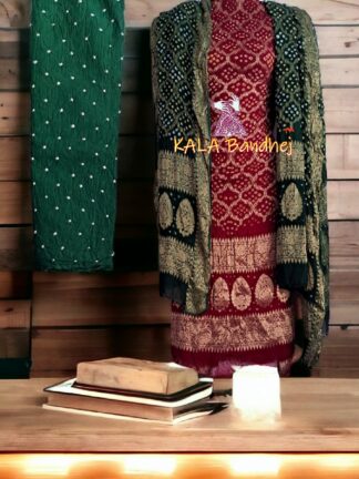 Maroon Green Georgette Silk Bandhani Banarasi Dress Material