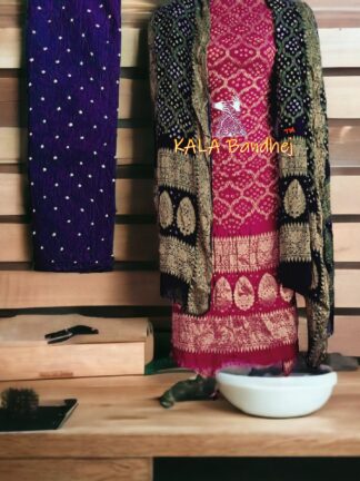 Marron Blue Georgette Silk Bandhani Banarasi Dress Material