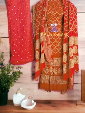 Orange Georgette Silk Bandhani Banarasi Dress Material