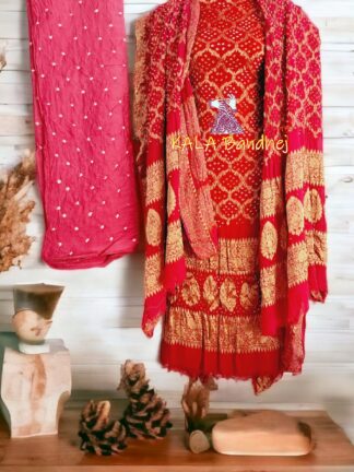 Orange Pink Georgette Silk Bandhani Banarasi Dress Material