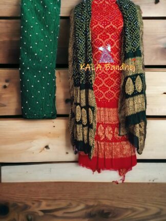 Red Green Georgette Silk Bandhani Banarasi Dress Material
