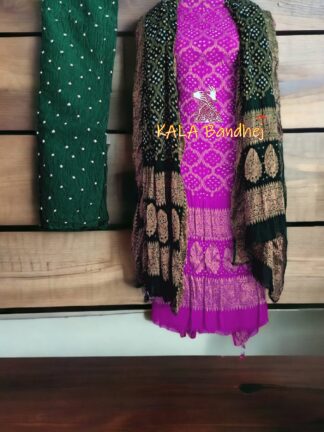 Magenta Green Georgette Silk Bandhani Banarasi Dress Material