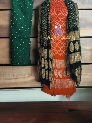 Rust Green Georgette Silk Bandhani Banarasi Dress Material
