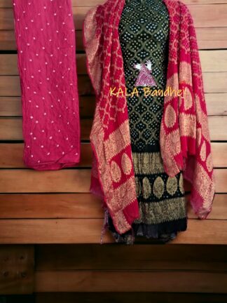 Bottle Green Pink Georgette Silk Bandhani Banarasi Dress Material
