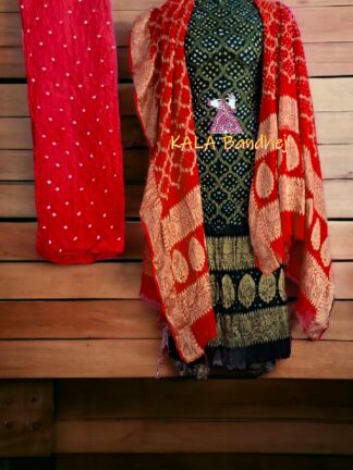 Bottle Green Red Georgette Silk Bandhani Banarasi Dress Material