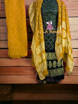 Bottle Green Mustered Georgette Silk Bandhani Banarasi Dress Material