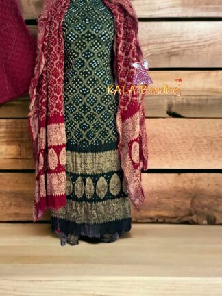 Bottle Green Marron Georgette Silk Bandhani Banarasi Dress Material