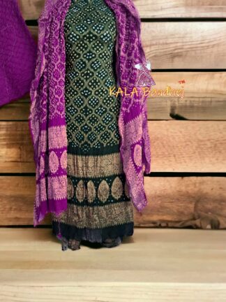 Bottle Green Magenta Georgette Silk Bandhani Banarasi Dress Material