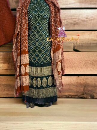 Bottle Green Rust Georgette Silk Bandhani Banarasi Dress Material