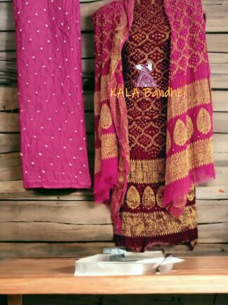 Maroon Pink Georgette Silk Bandhani Banarasi Dress Material