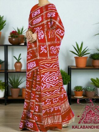 Fire Red Gharchola Rai Bandhani Saree Pure GajiSilk