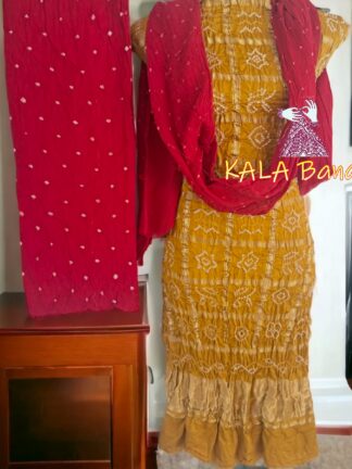Mustured Green Bandhani Gharchola Dress Material Pure GajiSilk