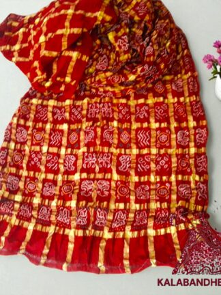 Red Rai Bandhani Gharchola Saree Pure Kala Cotton