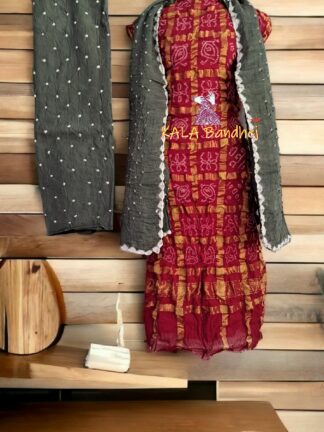 Red Grey Kala Cotton Wedding Gharchola Dress Material
