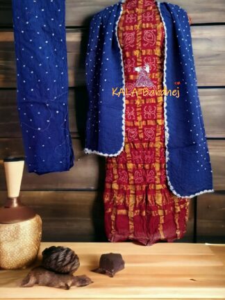Red Blue Kala Cotton Wedding Gharchola Dress Material