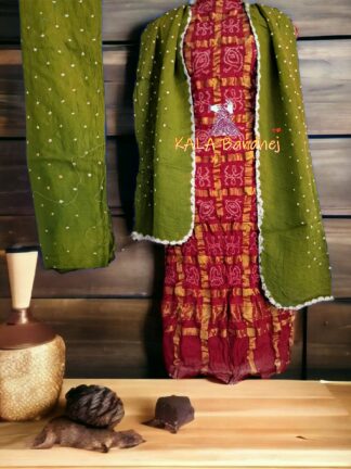 Red Parrot Mehendi Kala Cotton Wedding Gharchola Dress Material