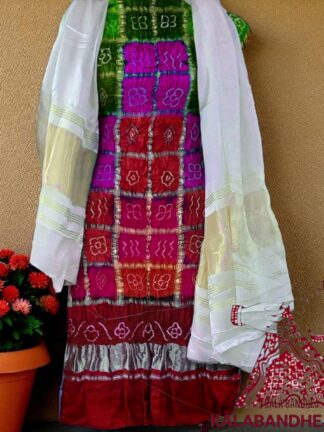 Red White Bandhani Multi Gharchola Dress Material