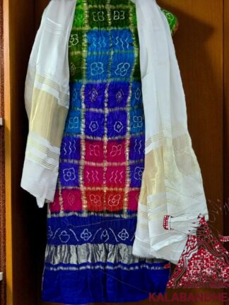 Blue White Bandhani Multi Gharchola Dress Material