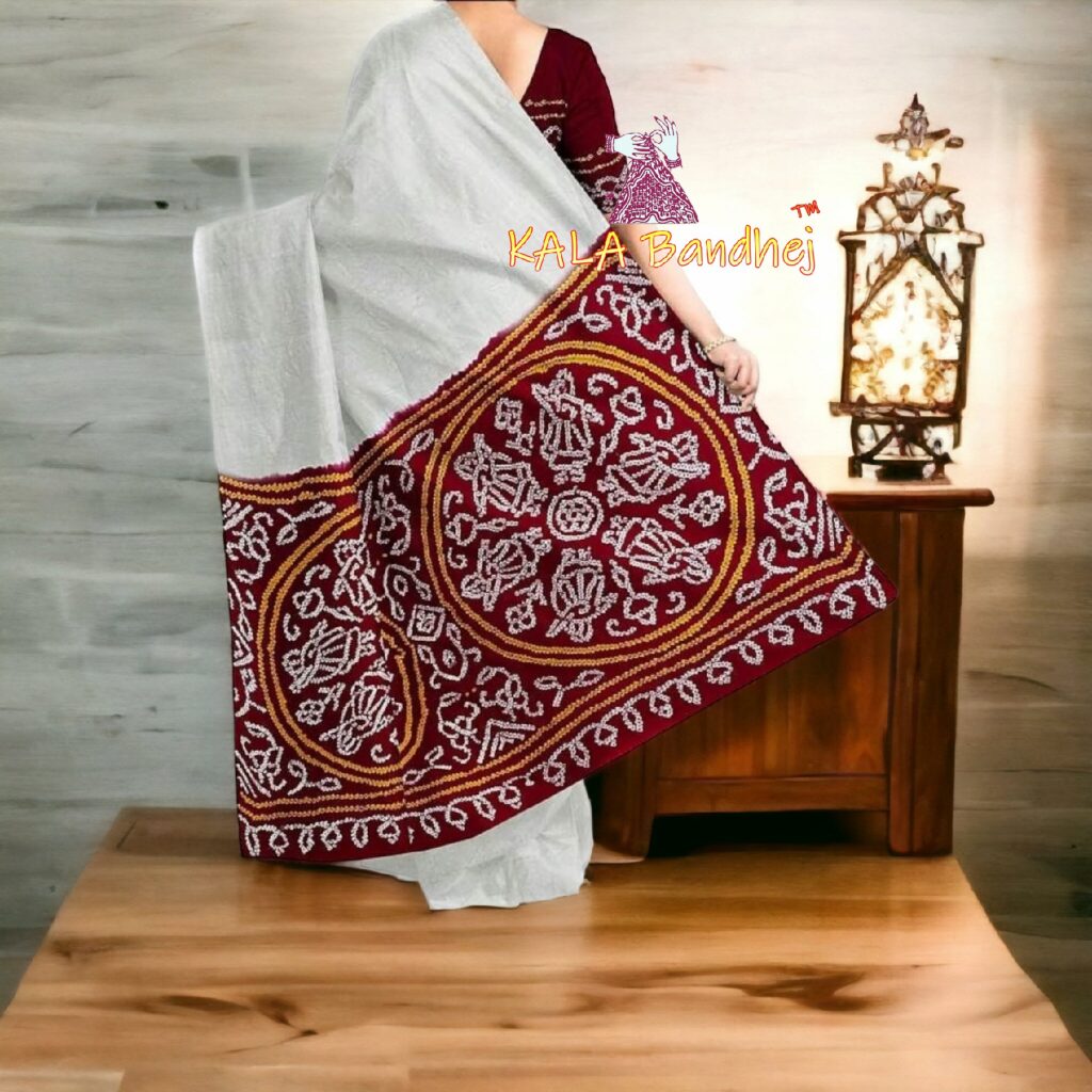 Maroon RasMandal GajiSilk Panetar Bandhani Saree Bandhani KaLa Bandhej